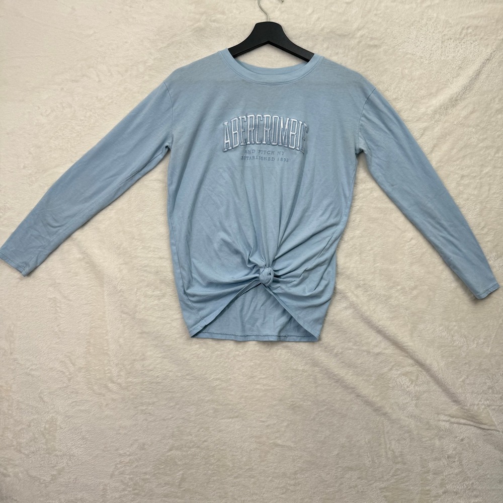 Abercrombie Kids Long Sleeve Tee Girls 15/16 Blue Logo Front Knot Casual Shirt